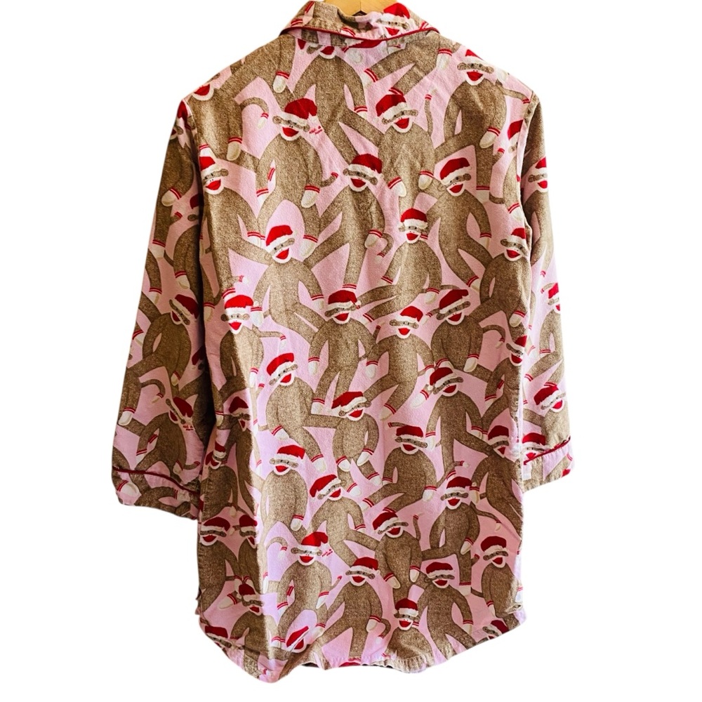 Nick & Nora Pink Sock Monkeys Santa Hat Flannel Nightgown Sleep Shirt Small - Picture 2 of 5